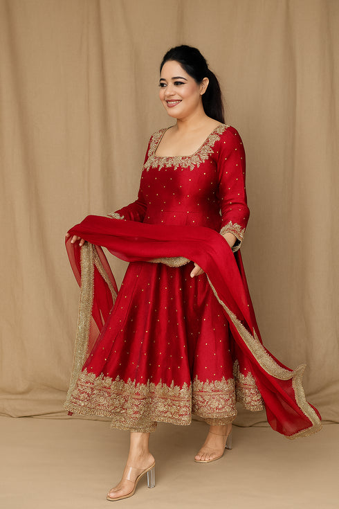 Party Wear Pure Vichitra Silk Anarkali Gown & Palazzo with Dupatta